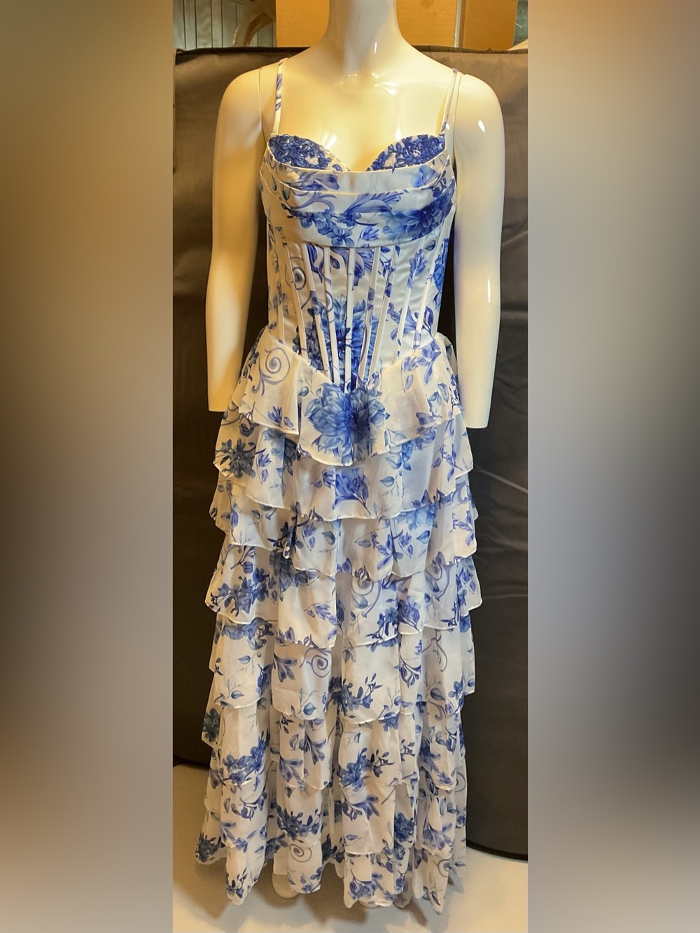 Formal Blue & White Floral Tiered Dress with Corset Bodice